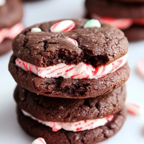 Stacked cookie sandwiches highlighting the contrast between dark chocolate layers and festive filling.