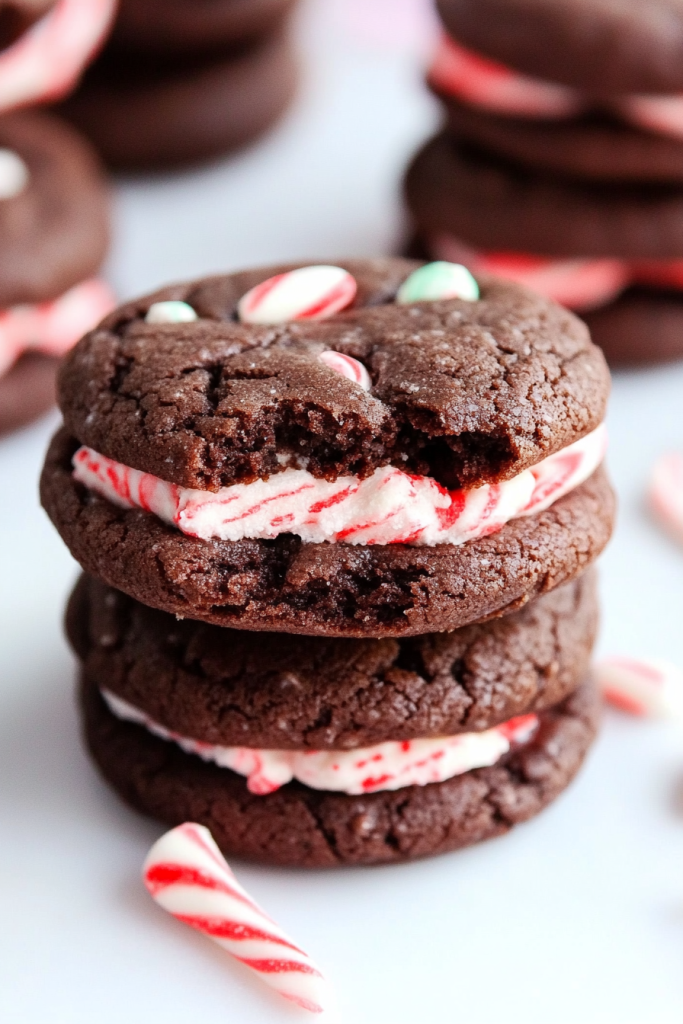 Stacked cookie sandwiches highlighting the contrast between dark chocolate layers and festive filling.