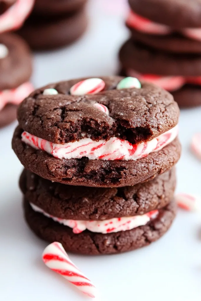 Stacked cookie sandwiches highlighting the contrast between dark chocolate layers and festive filling.