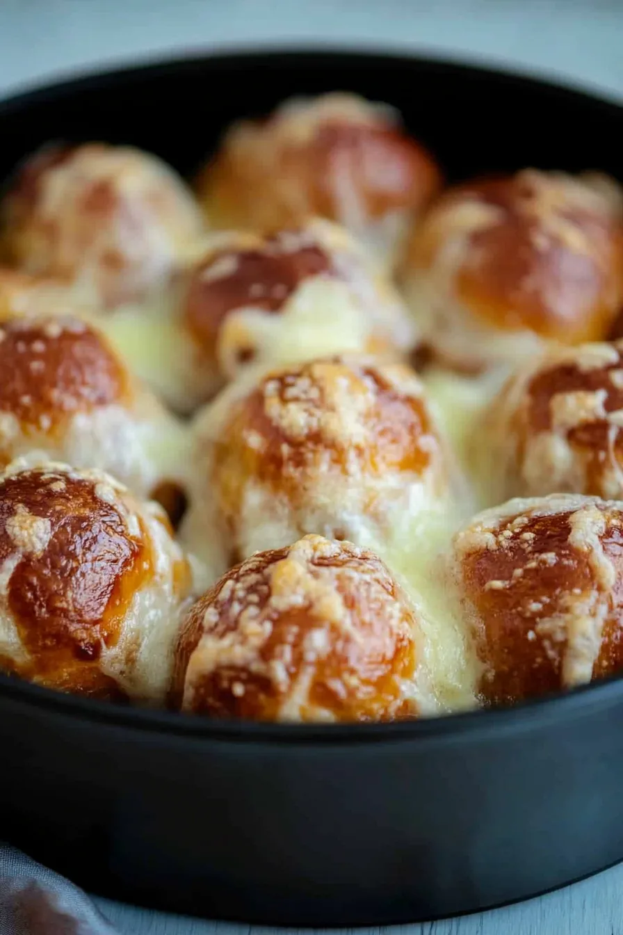 Homemade baked appetizer with fluffy bread bites and bubbling melted cheese in a skillet.