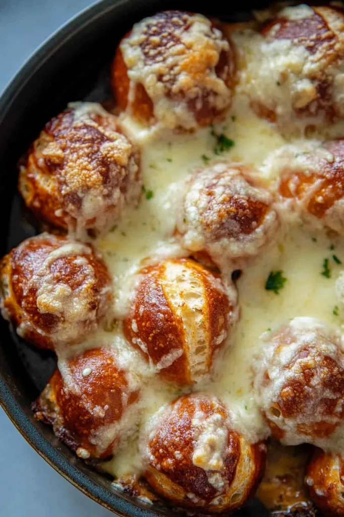 Golden baked pretzel bites with melted cheese baked in a cast iron skillet.