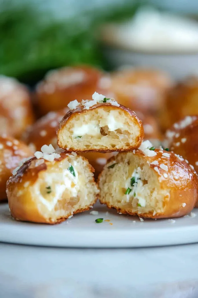 Warm bite-sized baked snacks topped with coarse salt and gooey melted cheese.