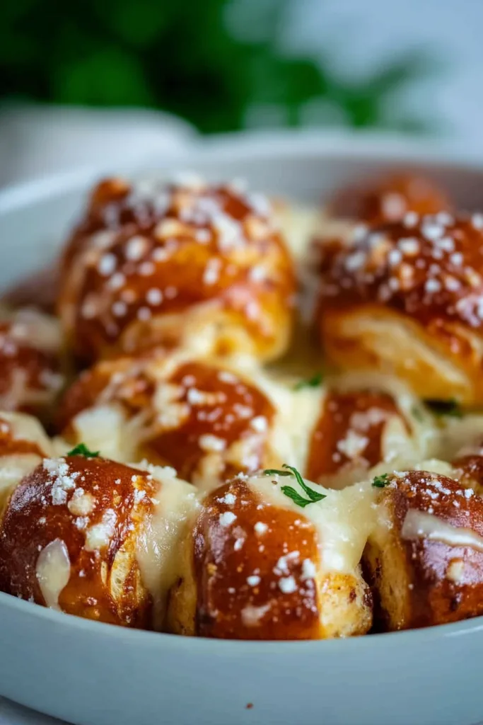 Freshly baked soft bread bites with a cheesy center and buttery browned tops.