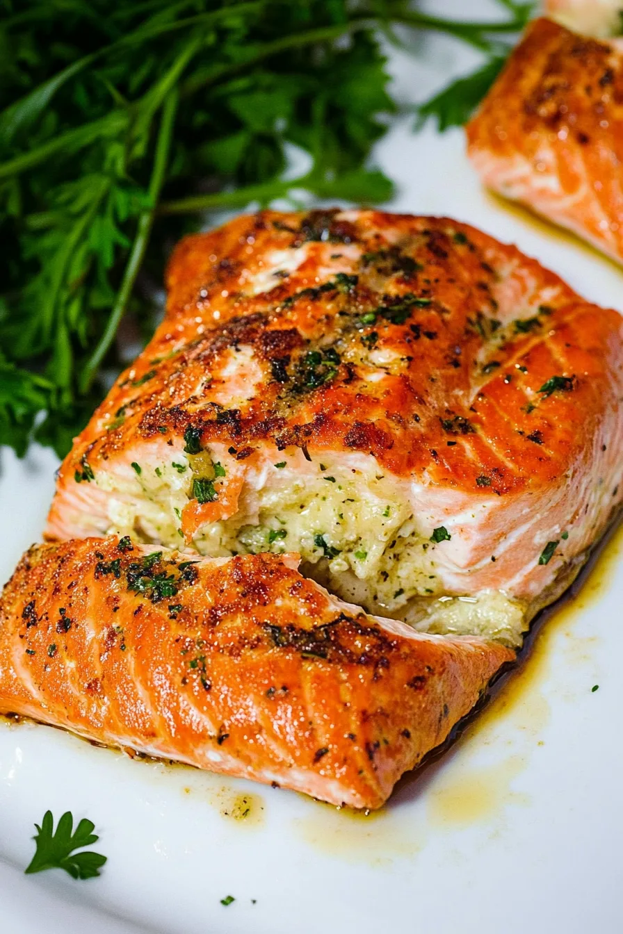Overhead view of salmon fillets resting on a smooth sauce with garnish.