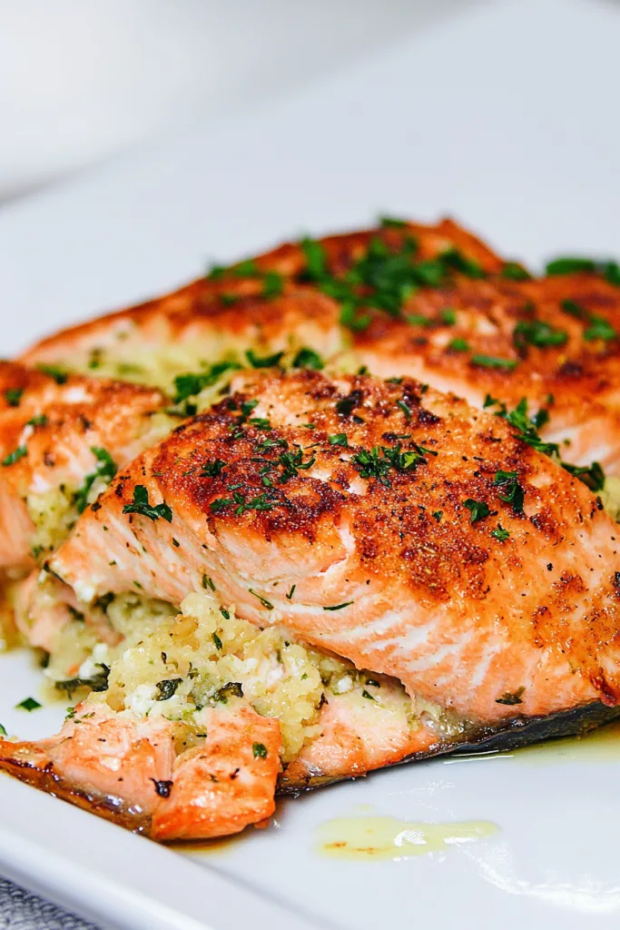 Close-up of baked salmon topped with fresh herbs and a crisp, seasoned layer.