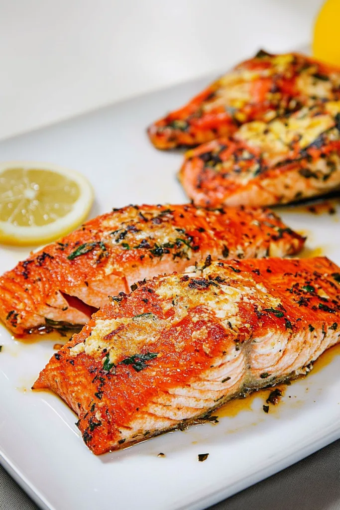 Plated salmon with lemon halves in the background, highlighting freshness.