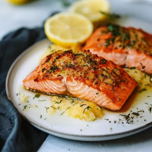 Golden salmon fillets with herb crust served over creamy mashed potatoes.