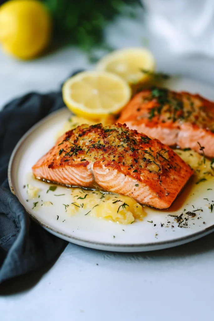 Golden salmon fillets with herb crust served over creamy mashed potatoes.