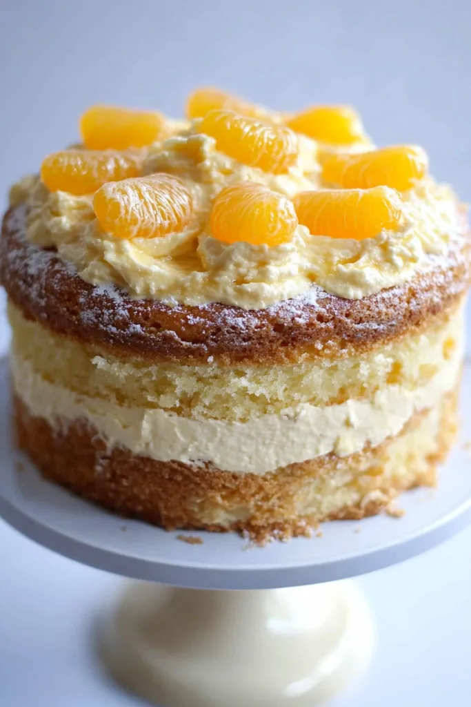 Layered citrus dessert topped with whipped frosting and mandarin orange slices ๐