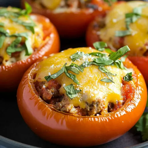 Flavor-packed appetizer with juicy tomatoes and creamy cheesy topping ๐ฎ