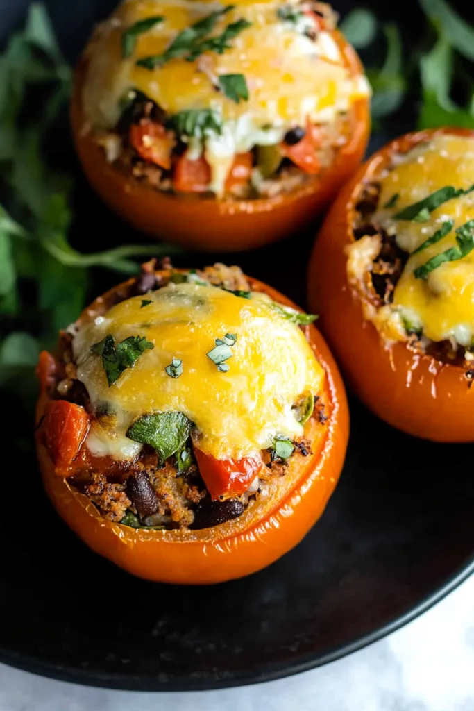 Cheesy stuffed vegetables served warm on a dark dinner plate