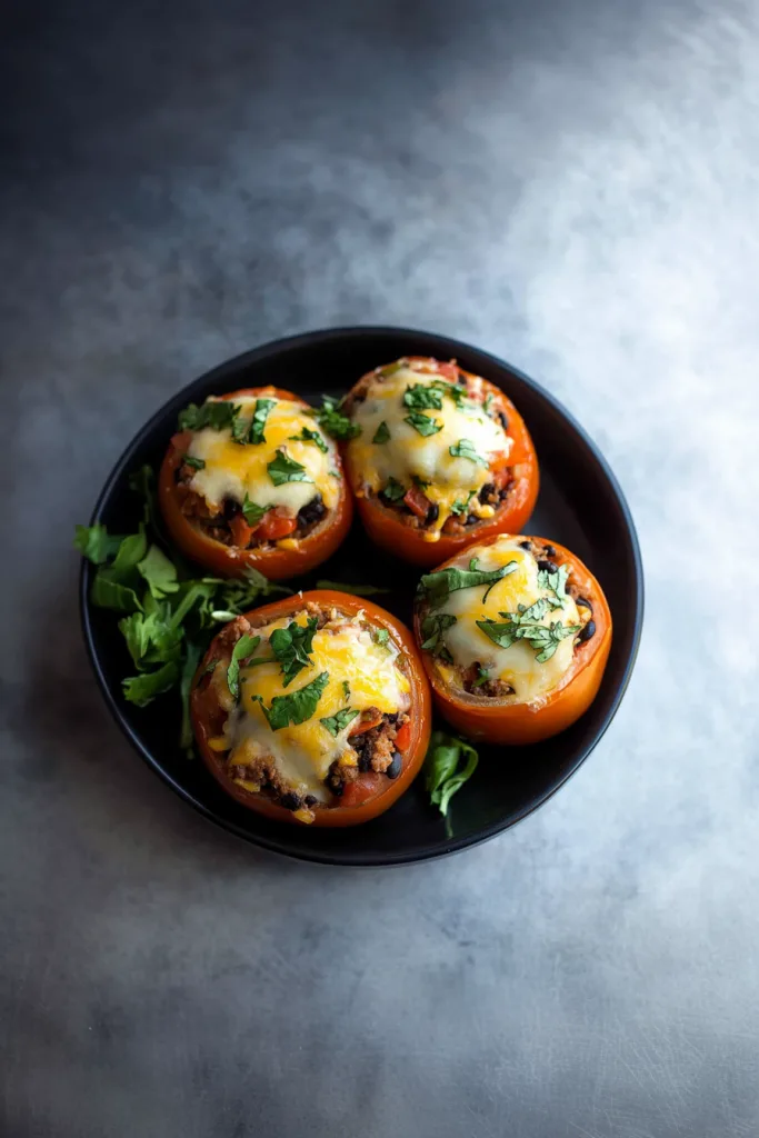 Baked tomatoes filled with seasoned meat and melted cheddar cheese