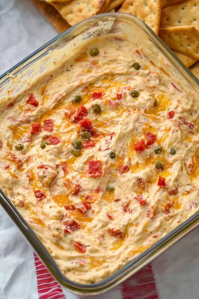 Close-up of a rich cheese dip garnished with bacon pieces and fresh parsley