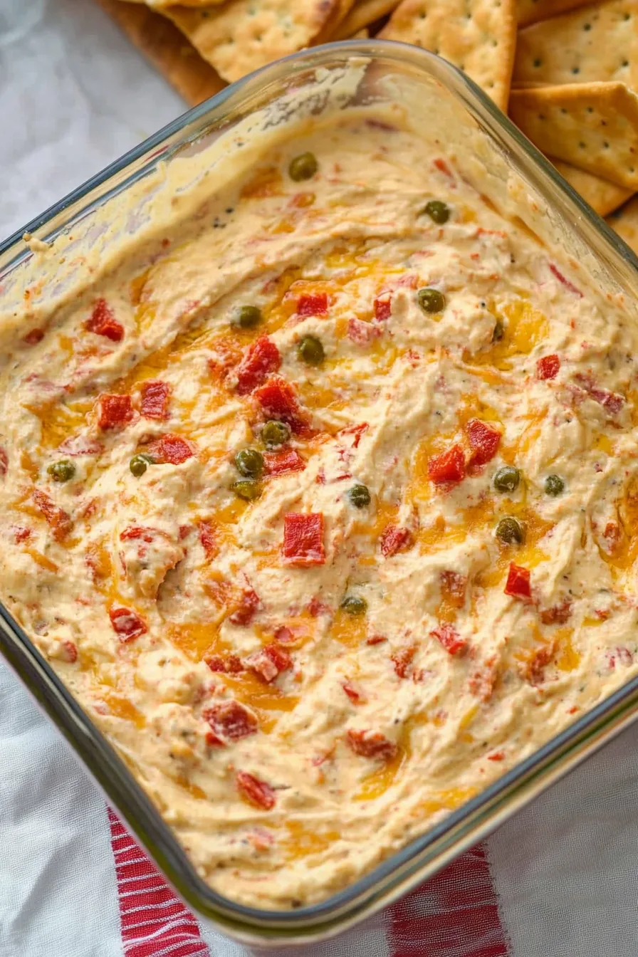 Close-up of a rich cheese dip garnished with bacon pieces and fresh parsley