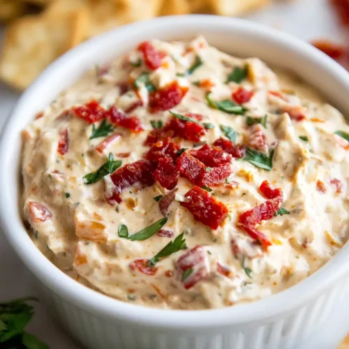 Creamy party dip topped with crispy bacon, herbs, and diced peppers in a white bowl