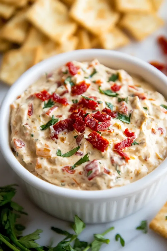 Creamy party dip topped with crispy bacon, herbs, and diced peppers in a white bowl
