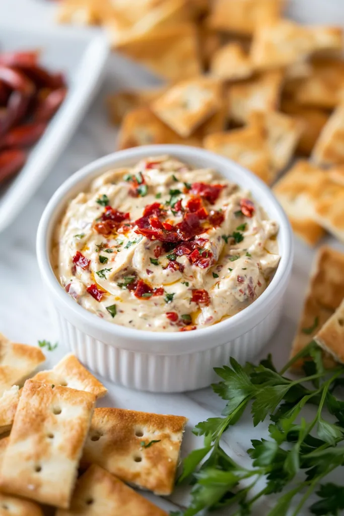 Savory appetizer spread served with crunchy crackers on a snack board