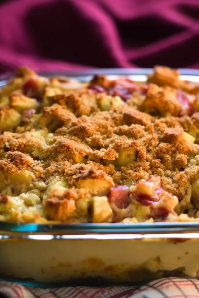 Freshly baked dish showing browned crust and warm fruit or vegetable filling beneath.