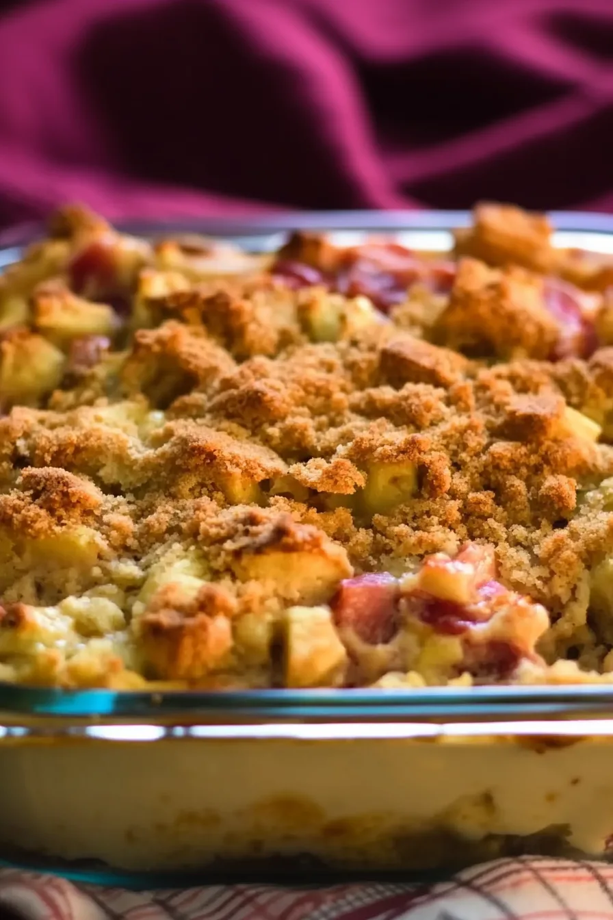 Freshly baked dish showing browned crust and warm fruit or vegetable filling beneath.