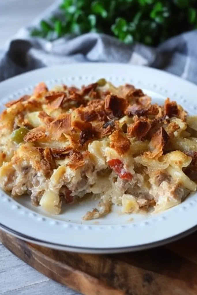 Close-up of crisp, buttery topping over soft layers of baked casserole.