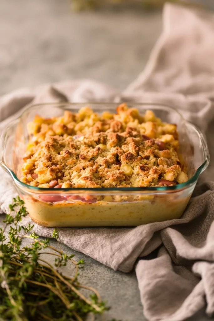 Homemade baked dish highlighting contrast between crunchy topping and moist interior.