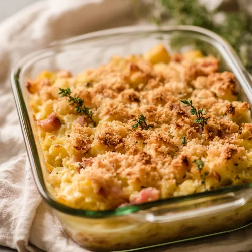 Glass baking dish with golden-brown crumb topping and tender filling peeking through.