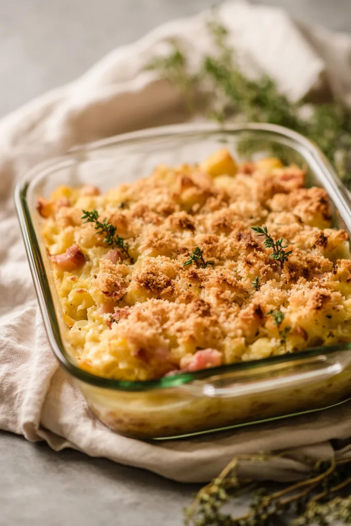 Glass baking dish with golden-brown crumb topping and tender filling peeking through.