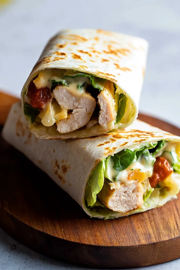 Golden tortilla wrap cut open to reveal juicy chicken, crisp lettuce, and peppers.