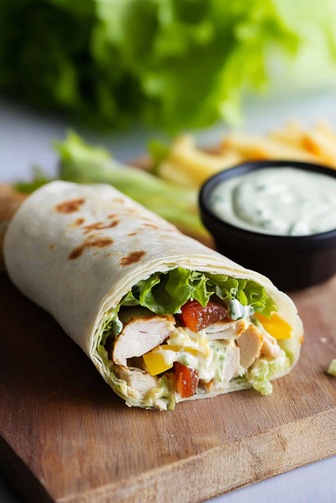 Final serving shot with a chicken wrap beside a dipping sauce bowl.