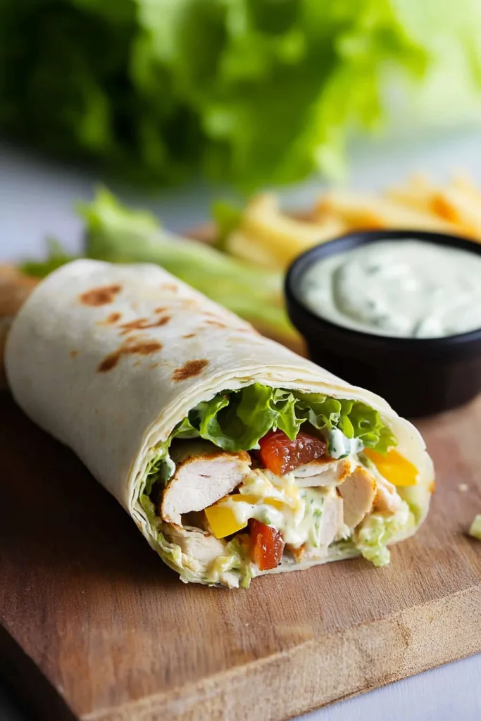 Final serving shot with a chicken wrap beside a dipping sauce bowl.