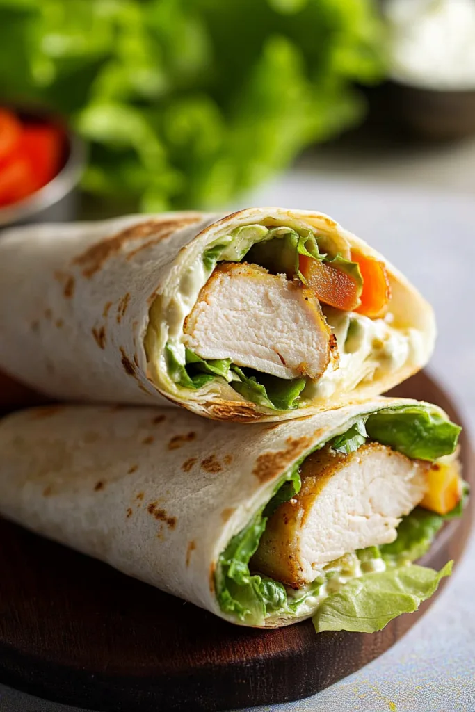 Turkey Club Ranch in a Wrap displayed neatly with fries and dipping sauce in the background.