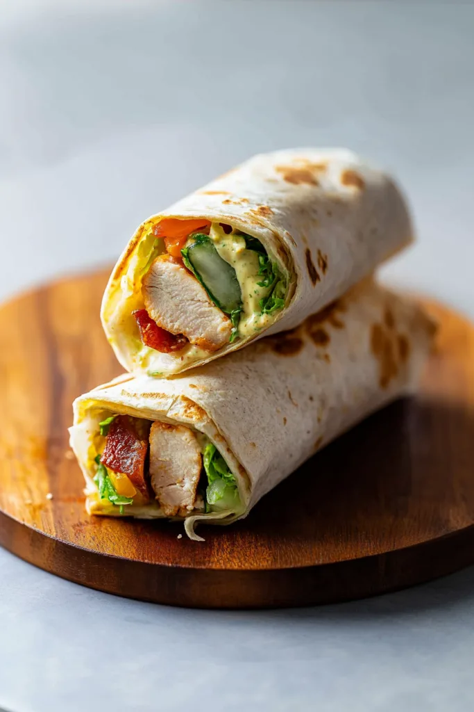 Sliced wrap halves on a wooden board showing colorful layers of fresh vegetables and chicken.