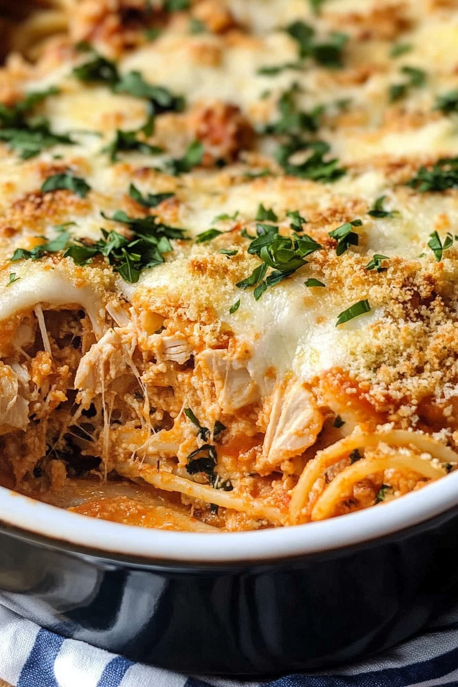 Layers of pasta and sauce visible beneath a crisp, cheesy surface.