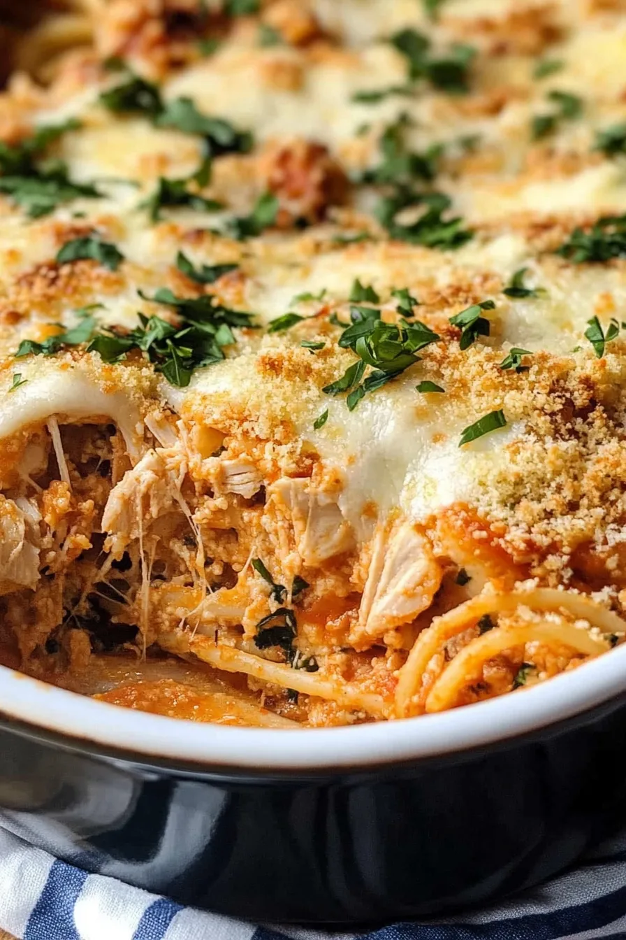 Layers of pasta and sauce visible beneath a crisp, cheesy surface.