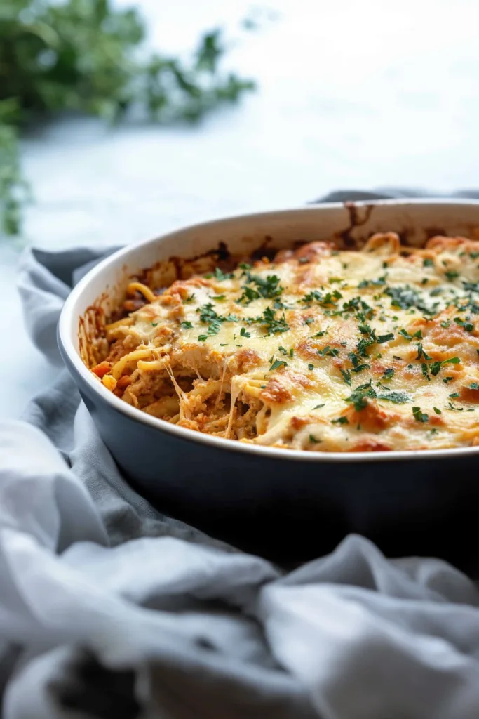Freshly baked casserole resting on a cloth napkin with herbs nearby.