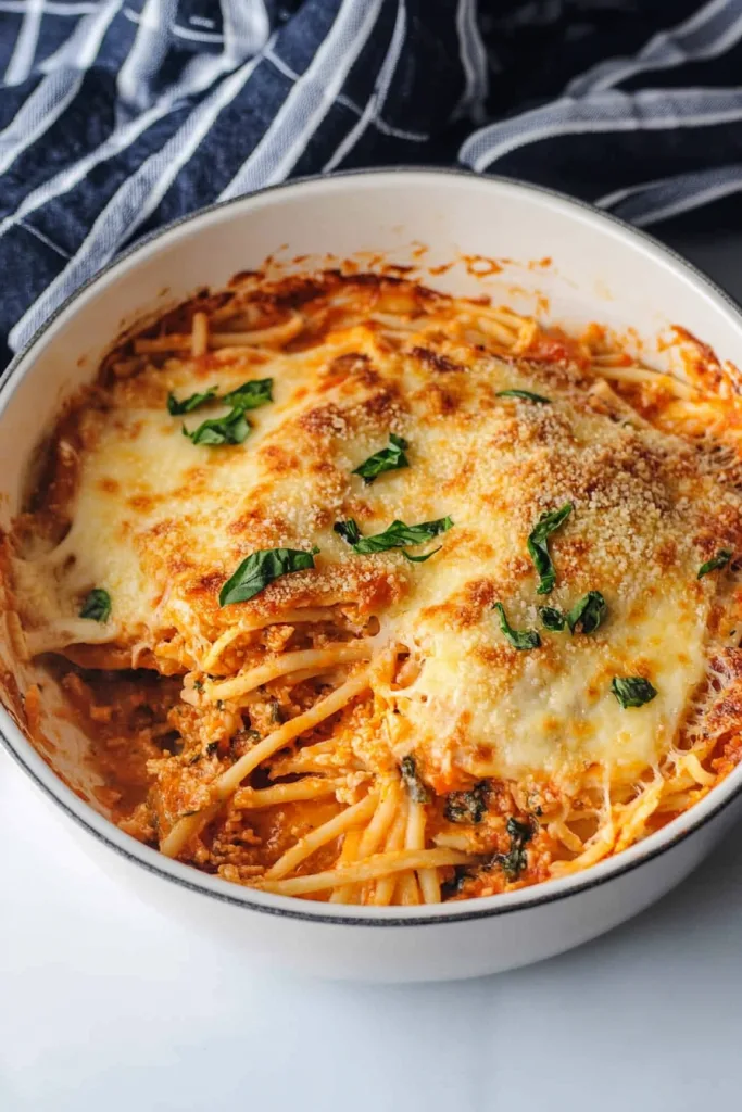 Comfort food bake showing melted cheese and hearty pasta layers.