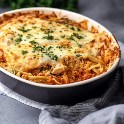 Oval baking dish filled with bubbling pasta and golden cheese topping.