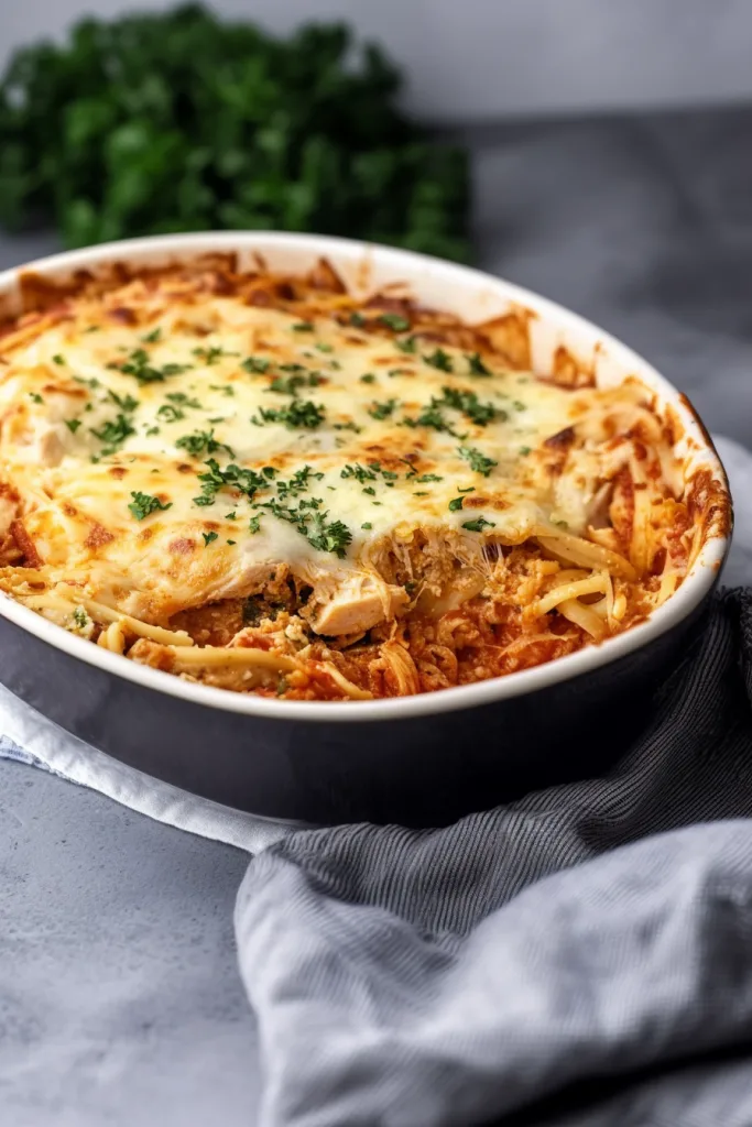 Oval baking dish filled with bubbling pasta and golden cheese topping.