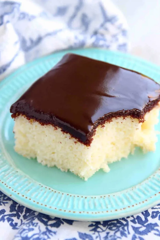 Soft vanilla sponge paired with shiny chocolate topping, highlighting the texture contrast.