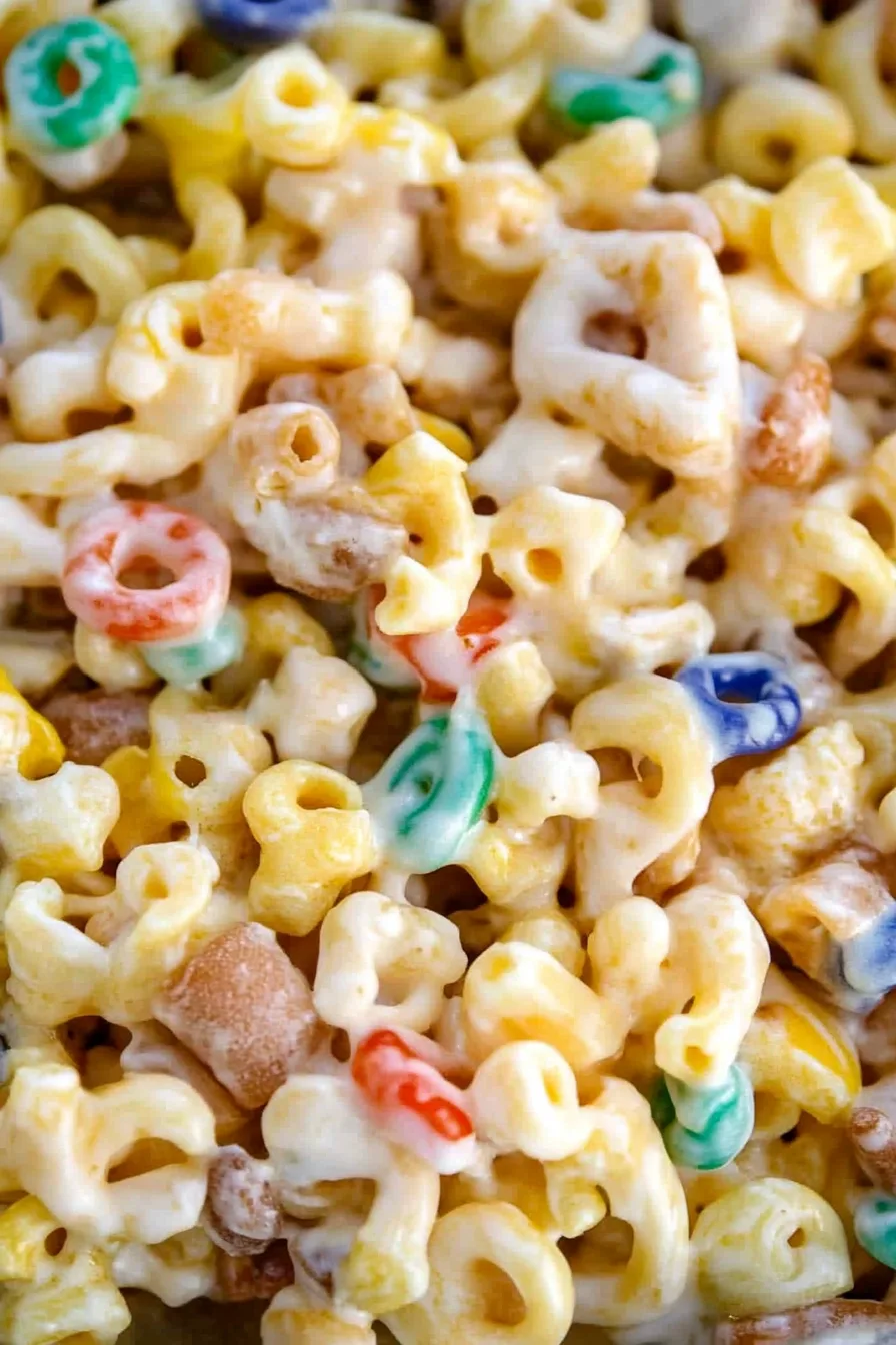 Homemade dessert snack mix featuring cereal squares, pretzels, and chocolate candies