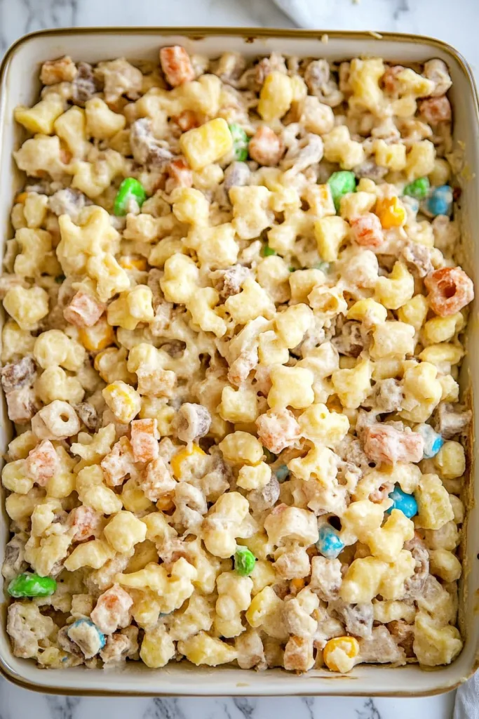 Close-up of a no-bake sweet snack mix topped with crunchy cereal and candy pieces