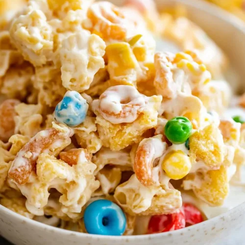 Creamy cereal snack mix with candy-coated chocolates and pretzels in a serving bowl