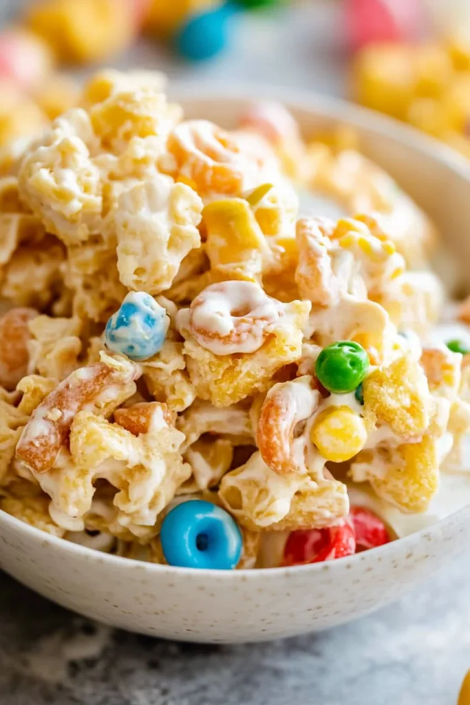Creamy cereal snack mix with candy-coated chocolates and pretzels in a serving bowl