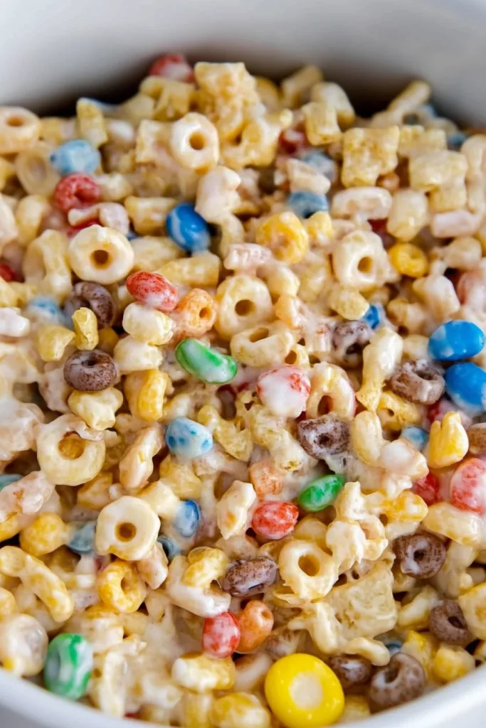 Sweet and crunchy party mix coated in white chocolate with colorful candies