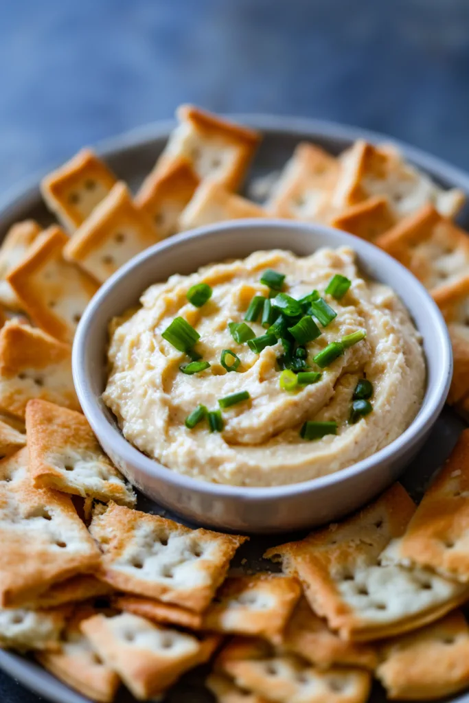 Creamy cheese spread served in a bowl with buttery crackers and fresh chives