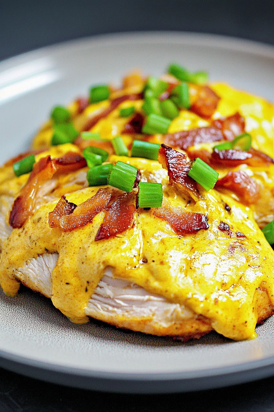 Savory chicken dish highlighting gooey cheese and fresh garnish.