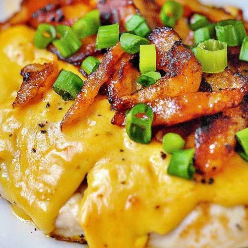 Juicy chicken covered in melted cheese, bacon, and herbs.