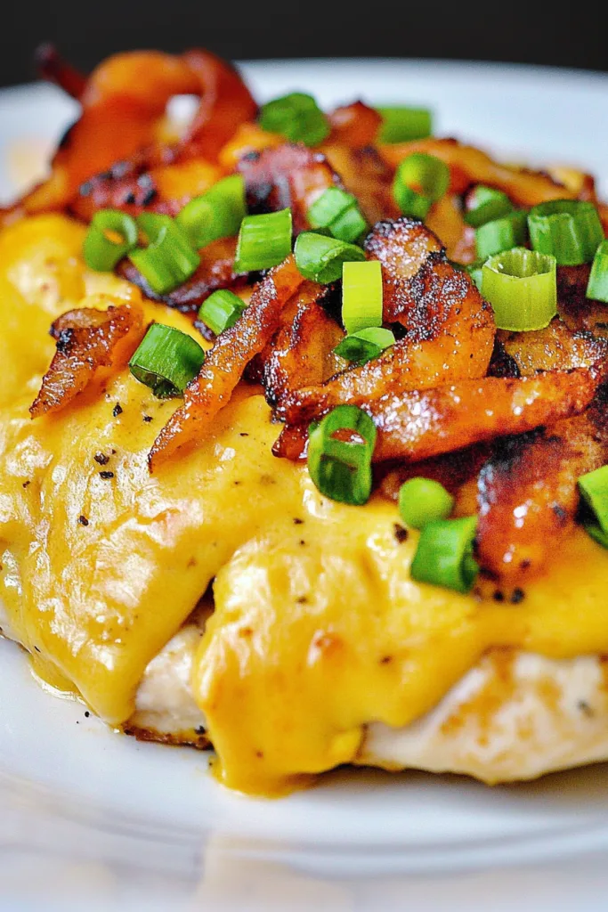 Juicy chicken covered in melted cheese, bacon, and herbs.