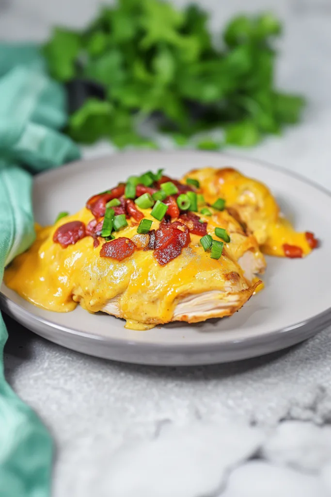 Golden chicken breast with rich toppings arranged on a plate.