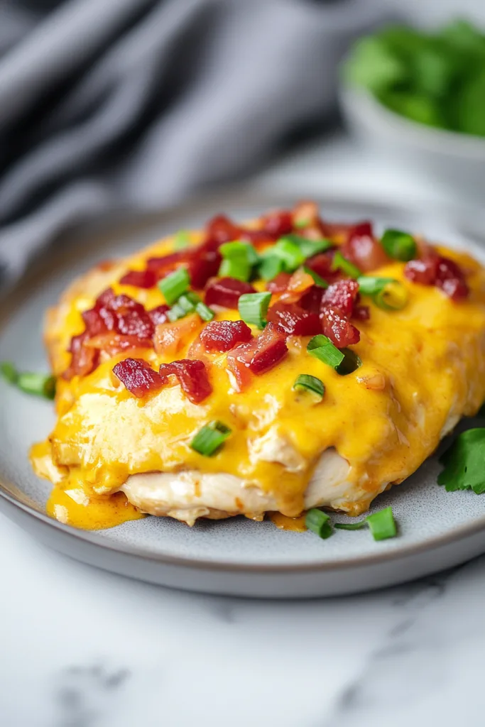 Grilled chicken breast topped with melted cheddar and crispy bacon.